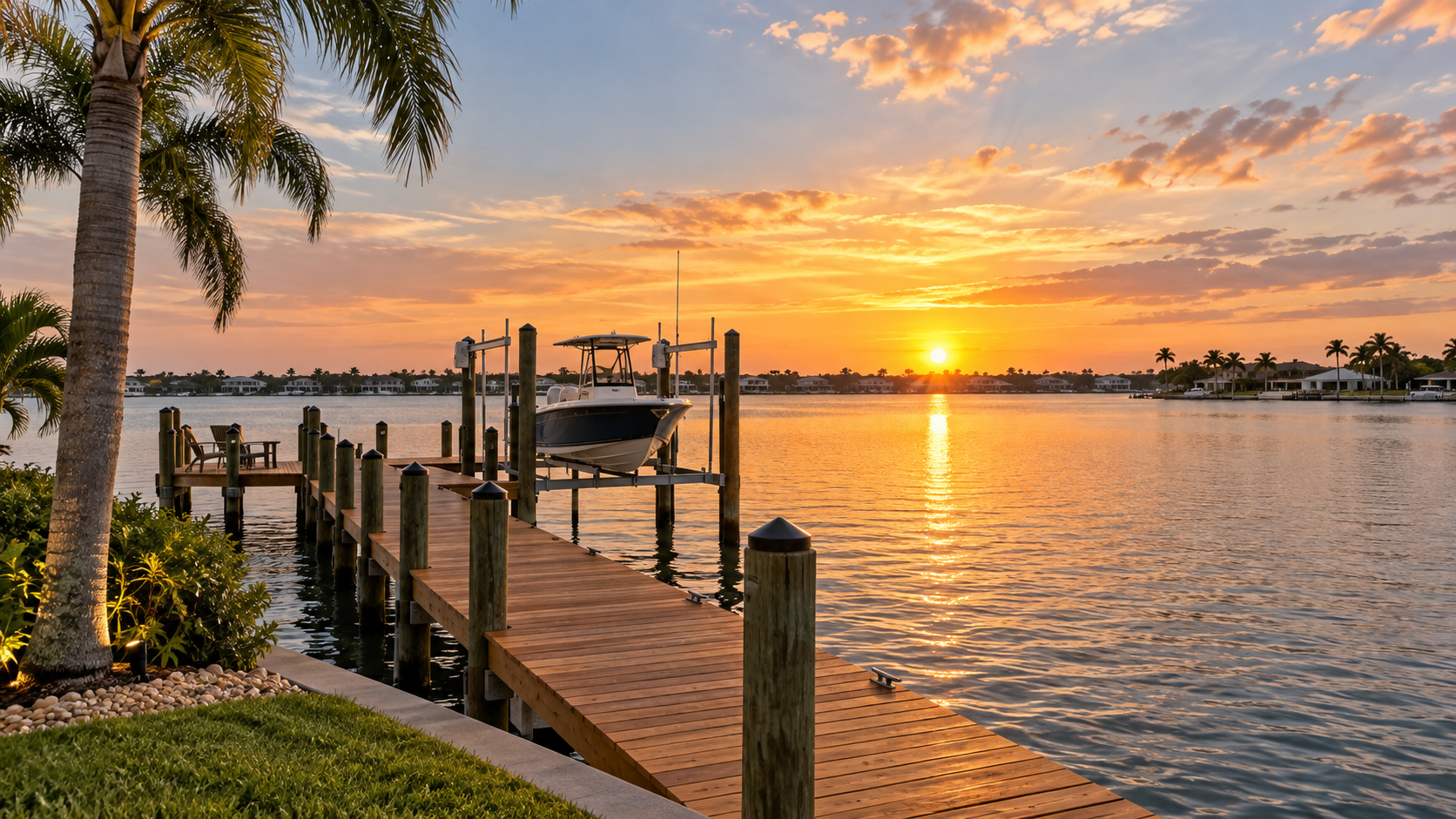 Illustrative sunset view of a dock on a Florida Intracoastal-style waterfront