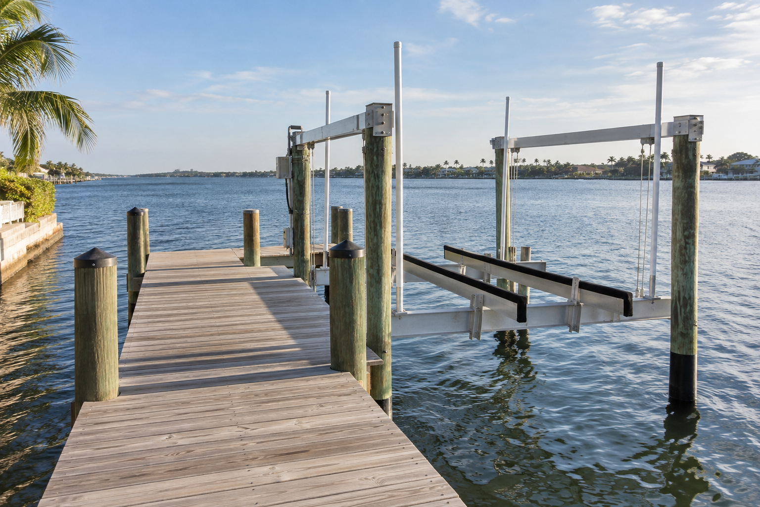 Residential dock and boat lift beside calm Florida water